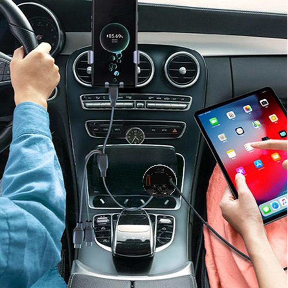 RGB Bluetooth 5.0 Audio Transmitter FM Modulator U-Disk Wireless Handsfree USB+PD Phone Charger With 3 Charging Cables