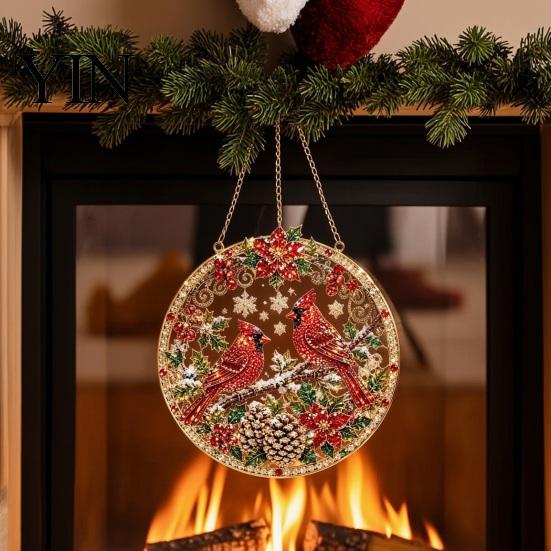 Durable Christmas Tree Decor Rhinestone Painting Suncatcher Kit, Round DIY Hanging Festive Decorations for Holidays Home, Craft Pendant Holiday Party