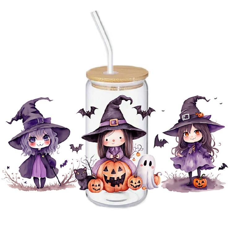 Horror Halloween 16Oz Glass Cup Tumblers Transfer Sticker Cartoon Girl Pattern Adhesive Decal for Holiday Decorations