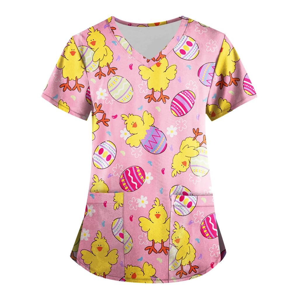 Women's Fashion V-neck Short Sleeve Workwear With Pockets Printed Tops