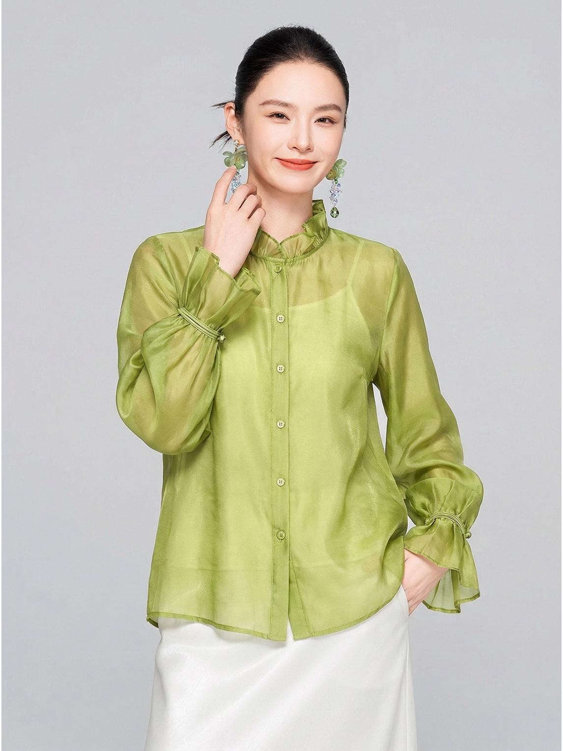 2026 Spring New Chinese Style Soft Gauze Chiffon Round Neck Ruffle Long Sleeve Top M темно-зеленого