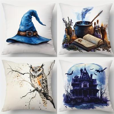 Home Decor Magic-Themed Prints: Owl, Witch Hat & Haunted House Pattern Cushion Cover Suitable For Sofa Bedroom Car Pillow Cover
