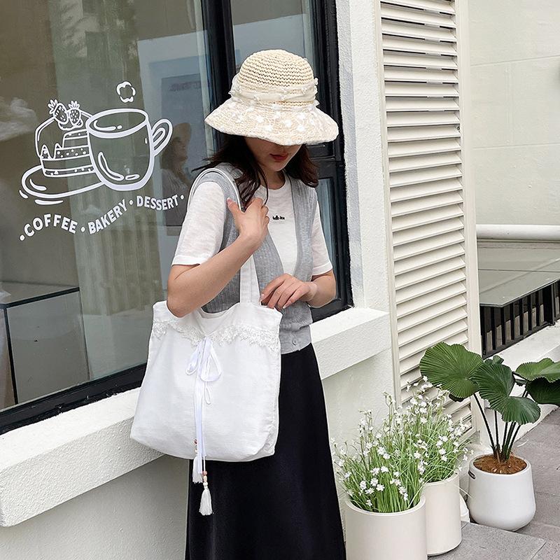 Bow Literary Lace Single Shoulder Armpit Bag Fairy High Value Large Capacity Canvas Bag Tote Bag Handbag