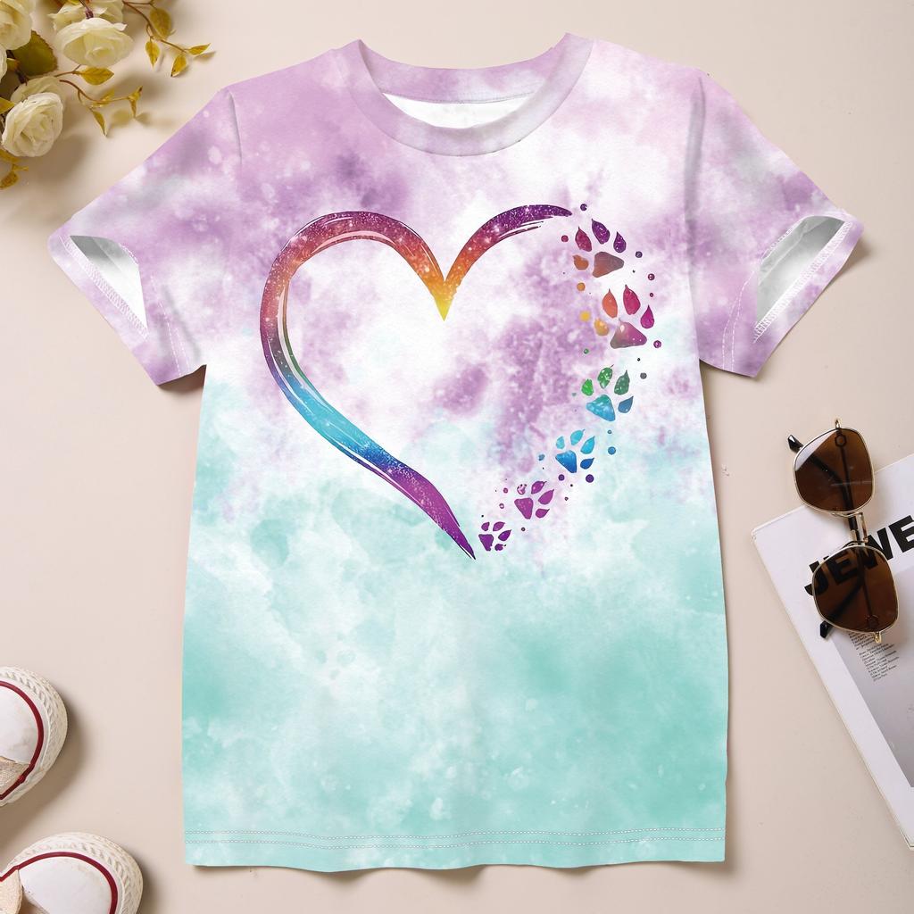 Children's Clothing Girl T-Shirt Short Sleeve 3D Tie-Dye Print Kids Summer Clothes Casual Cartoon Round Neck Kids Clothes Tops