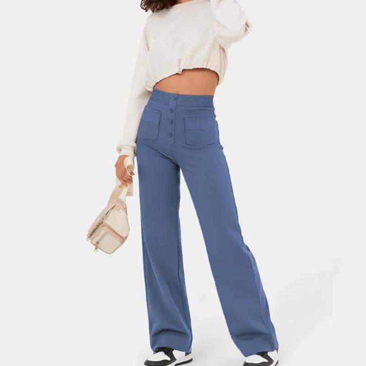 New Women High Waist Casual Straight Pants with Pockets European American Fashion Elastic Waist Button