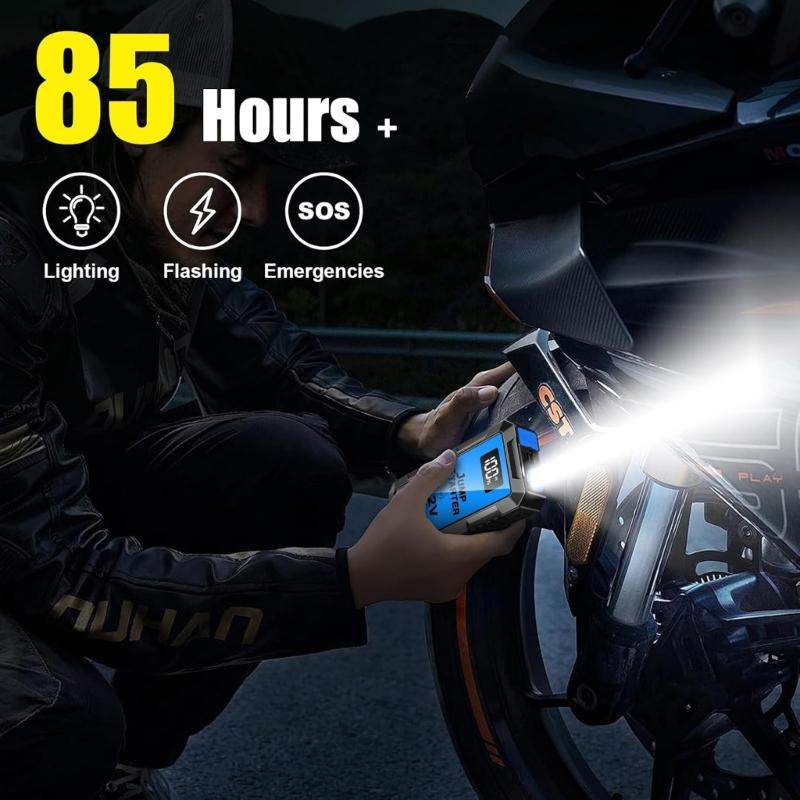 Vehicle Jump Pack with 5 V/2 A Input and Output, LCD Battery Readout, 12 V Starting Support, and Steady, Flashing, and Emergency Light Modes
