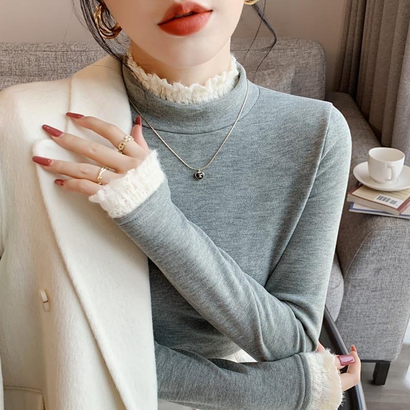 Lace semi-turtleneck bottoming shirt women's spring German velvet inner long-sleeved shirt thickened imitation cashmere versatile top
