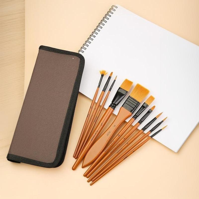 10 Pcs Orange Handle Nylon Bristle Watercolor Brush Set with Canvas Bag for Kids Adult DIY Handcraft Painting