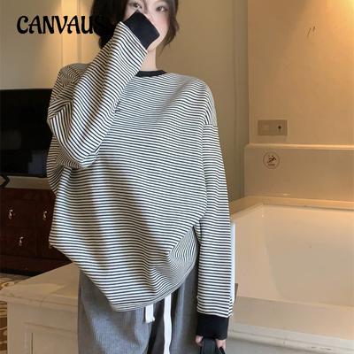 Pullover Striped Long-sleeved Tops Women's Spring and Autumn Plus Size Loose Round Neck Casual Sweatshirt Top Tide
