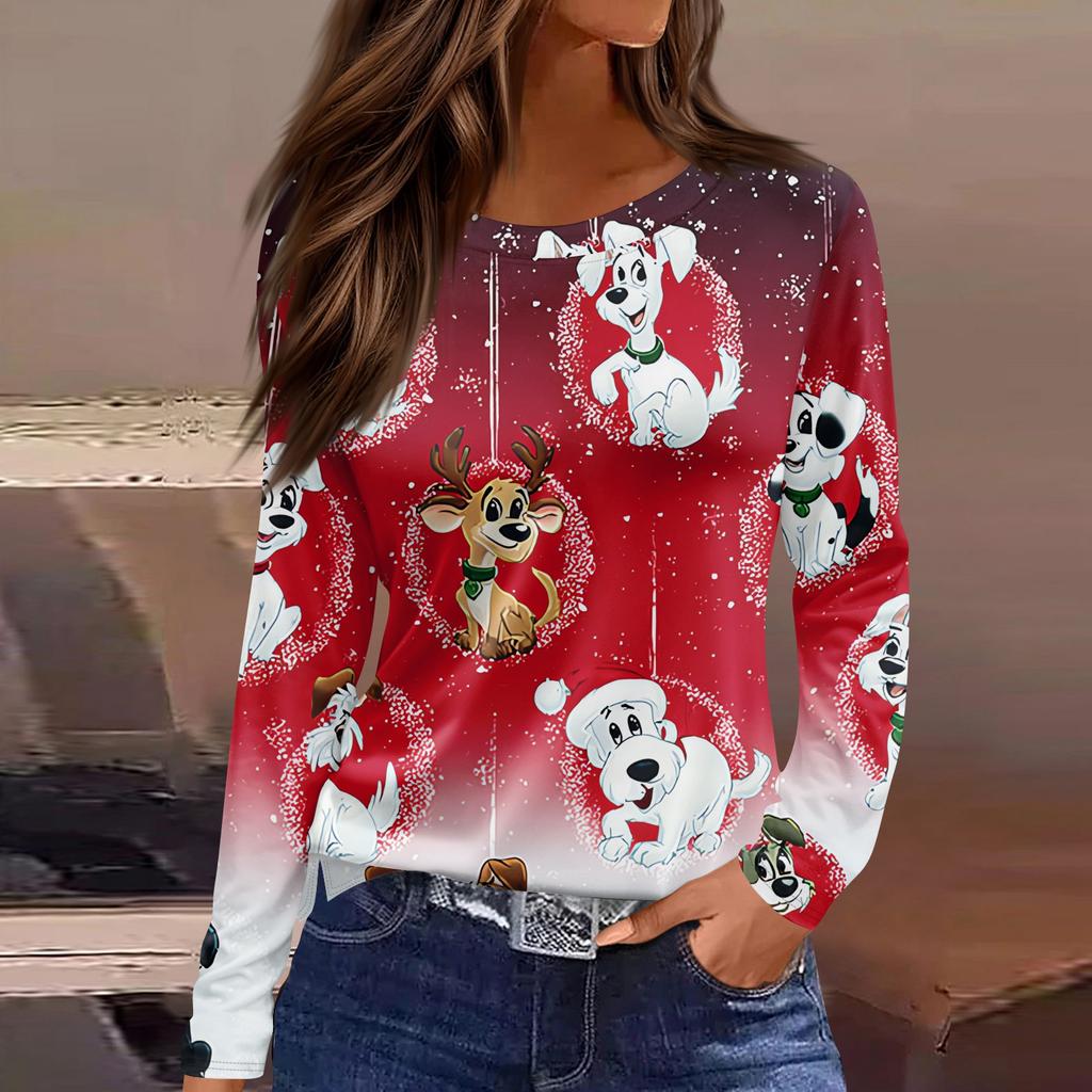 Women's Fashion Casual Slit Hem Round Neck Long Sleeve Loose Christmas Printed T-Shirt Ladies Top