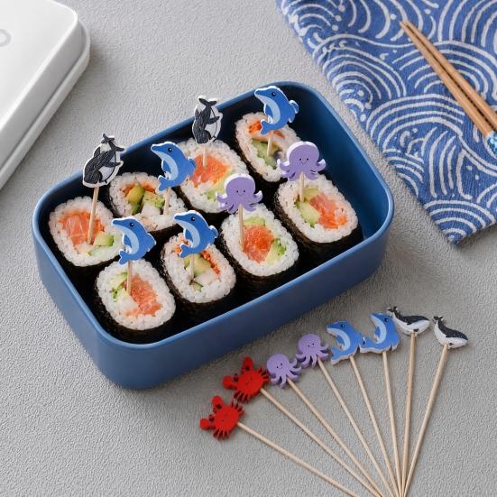 100PCS Disposable Fruit Tags, Crabs Octopuses Dolphins Decor Bamboo Skewers, with Sharp Tip Cocktail Sticks, for Pool Parties Restaurants Banquets