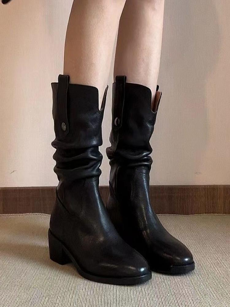 Middle Heel Leather Ladies Mid Calf Shoes Autumn Winter Fleece-Lined Women's Half High Boots Gyaru 2025 Novelty New Gothic Boot
