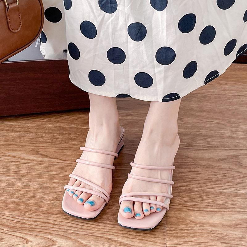 Fashion French Simple Square Toe Thin Strap Block Heel Flip-flops for Women 2025 Summer New All-match Open-toe High Heels