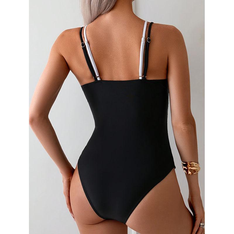 New European and American suspender color matching sexy V-neck one-piece swimsuit women's beach bikini hot spring swimsuit