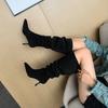 Fashion Pleated Faux Suede Knee-High Boots Women Pointed Toe Slip-On Western Cowboy Boots Woman 2025 Autumn Thin Heels Long Botas Mujer