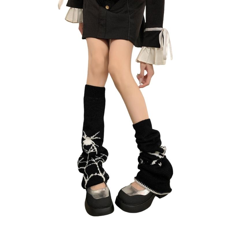 Harajuku Punk Spiderweb Knitted Leg Warmers Japanese Women Gothic Knee Length Long Socks Leggings Boot Cuffs Foot Covers