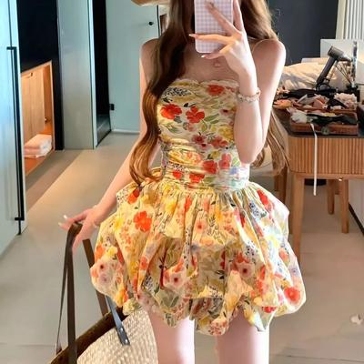 French Beautiful Floral Princess Tube Top Suspender Short Skirt Summer New Beautiful Waist Pinch Bud Skirt Exquisite Dress