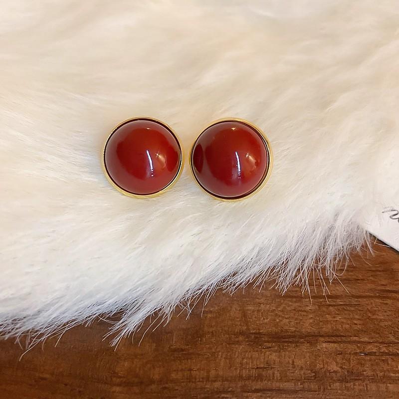 New Year's red flower flocking stud earrings women's niche earrings versatile earrings autumn and winter