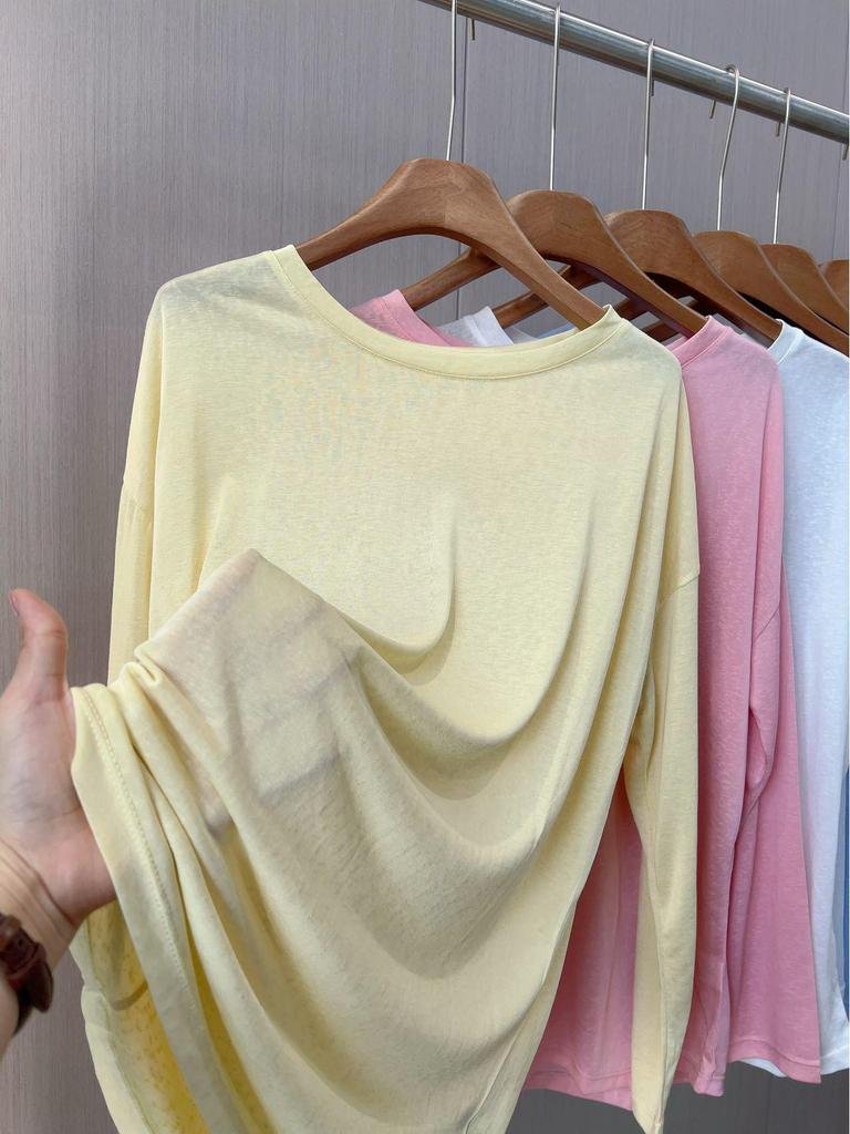 Women's Lyocell Tencel Long Sleeve Round Neck Loose Knit Sunscreen Cover-Up Top