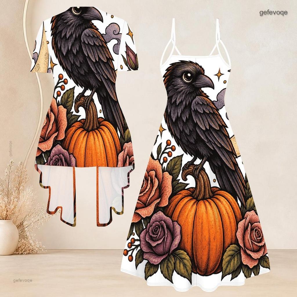 Women Plus Size Two Piece Set Short Sleeve Cardigan Strappy V Neck Flared Dress Pumpkin Bear Printed
