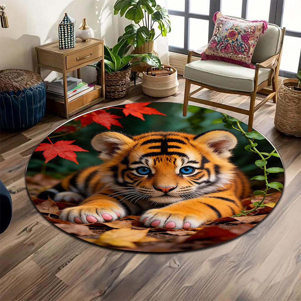 Cute Tiger Cub with Bright Blue Eyes Print round rug, living room, bedroom, playroom carpet, non slip floor mat, gift