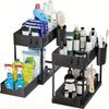2-Tier Under Sink Sliding Storage Basket Cabinet - Organizer Rack with Hooks and Hanging Cup for Kitchen and Bathroom Use