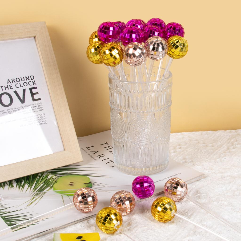 5/20Pcs Disco Balls Cocktail Stirrers Gold Silver Mirror Disco Ball Stick Coffee Beverage Stirrers for 70s 80s Theme Party Decor