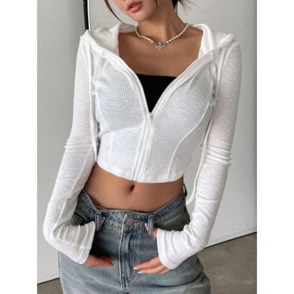 Módní dámská žebrovaná mikina s kapucí, Cropped top na zip s dlouhým rukávem, Univerzální ležérní top pro letní a jarní denní outfity