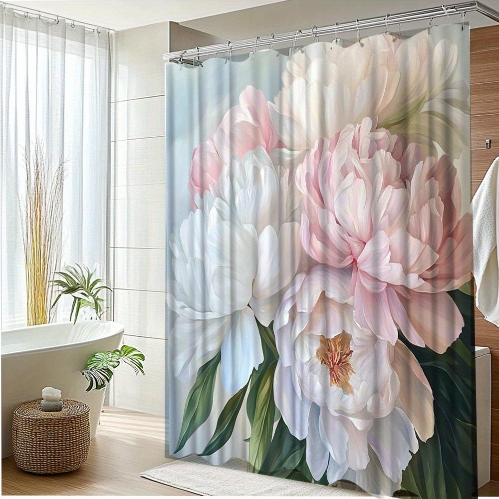 1Pc Floral Shower Curtain With Elegant Peony Design - Polyester Fabric Bathroom Decor, 70.8X70.8 Inches, 12 Hooks Included,