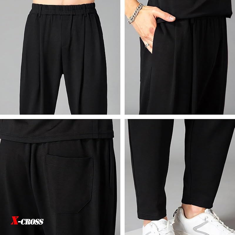 [X-cross] Cross Easy Pants Stretch Men's Relaxing Extend Black Outdoor Street Fashionable Hemmed Room Wear Thin Plain Color Tapered Room Pants Soft