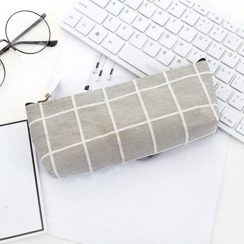 Stationery Canvas Pencil Case School Pencils Bag Simple Striped Grid Office Supplies Students Writing Stationery for Girls Gift