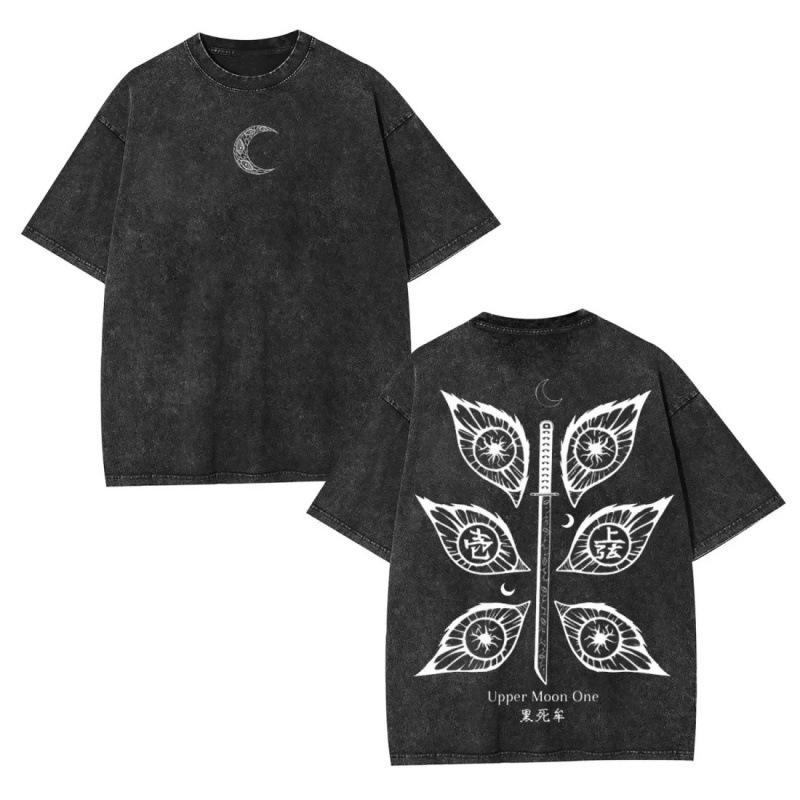 T-Shirt Cotton Harajuku Style Cotton Washed Retro Loose Mu Team Casual Men'S Animation Ghost Annihilation Blade Black Death