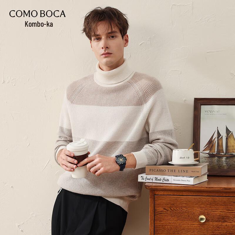 Komon Boca Men's Thick 100% Wool Color-block Double Turtleneck Sweater