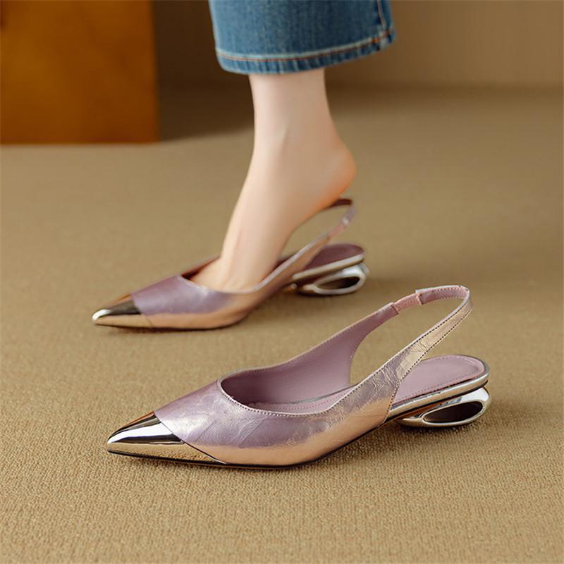 Fashion New Summer Sandals Cover Toe Sandals for Women Genuine Leather Sandals Fashion Metal Pointed Toe Low Heels Office Women Shoes