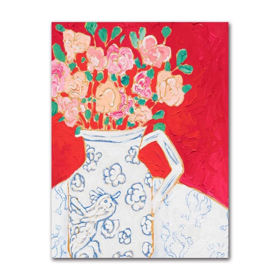 Nordic Flower Leaf Colorful Vase Art Print Wall Poster Canvas Painting Retro Picture Modern Home Decor Bedroom Decoration