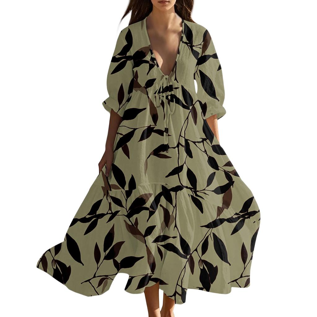 Women's Summer Fashion V-neck Retro Floral Print Short Sleeved Beach Dress With Lace Patchwork Dress
