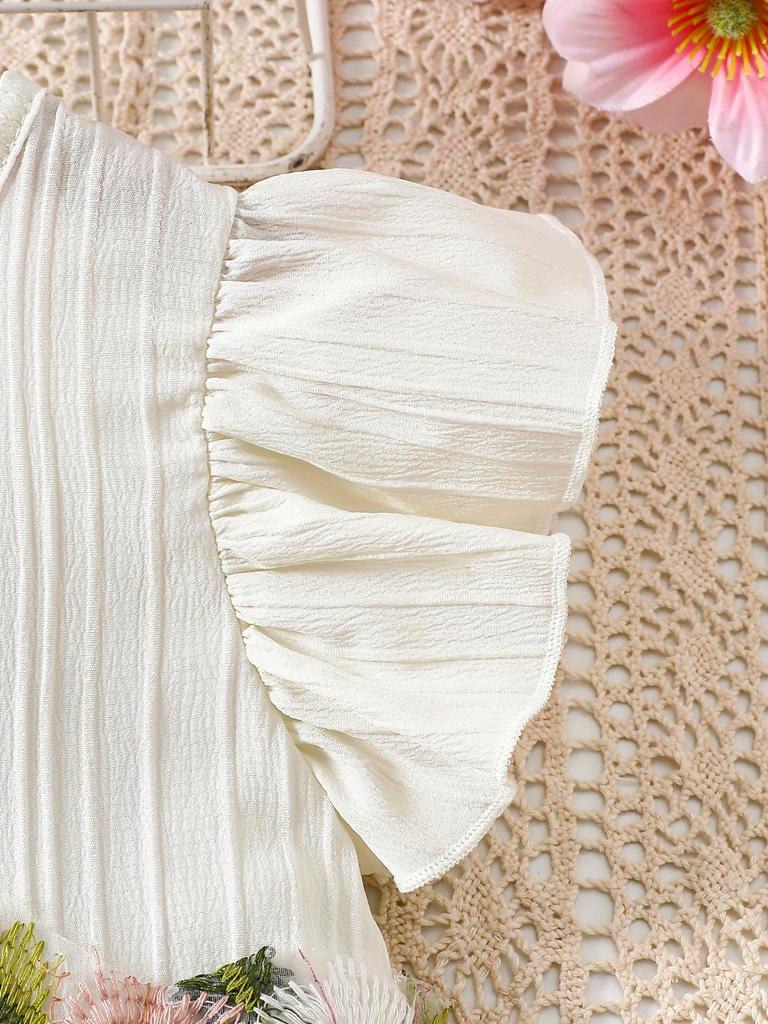 European-American Style Summer Girl's Floral Embroidery Sleeveless Top & Shorts Set