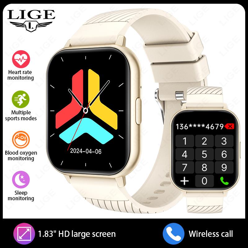 

LIGE New Bluetooth Calling Smartwatch 1.83 Screen Health Monitoring Outdoor Sports Fitness Smart Bracelet silicone strap брудно-білий