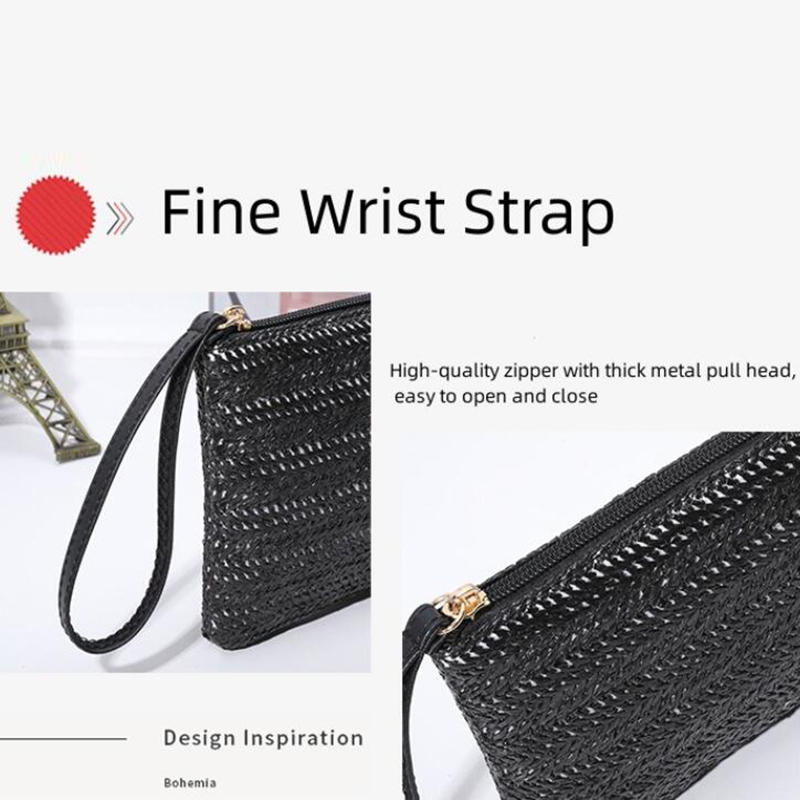 Fashion Ladies Weaving Bag Wristlet Clutch Women Daily Money Phone Clutch Solid Straw Woven Coin Purse Beach Wallet Card Leisure Travel