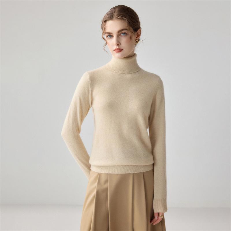 Women's High Neck Cashmere Sweater - Long Sleeve Wool Knit Solid Color Top for Autumn/Winter