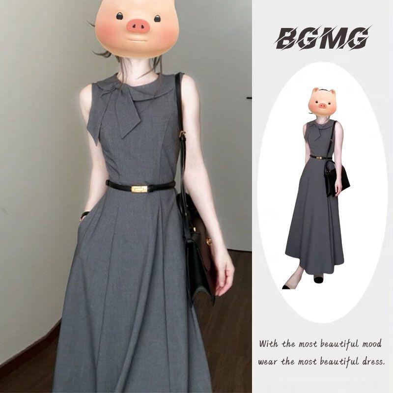 

French Retro Gray Sleeveless A-Line Dress: Simple, Elegant, and Waist-Cinching for a Gentle Summer Look. S [80-95 lbs]
