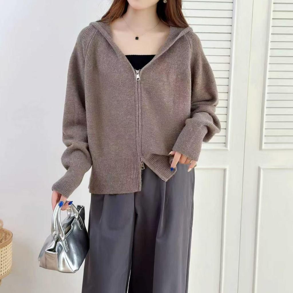 Hooded zipper knitted sweater women's autumn and winter new fashion lazy top loose sweater jacket sweater