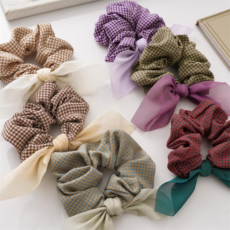 Korean New Sweet Cute Colorful Check Fabric Elastic Scrunchie High-grade Handmade Bow Hair Accessories Horsetail Hair Rope