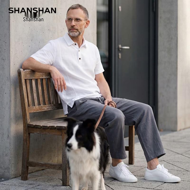SHANSHAN Men s 100% Linen Breathable Short Sleeve Polo & Shorts Set L