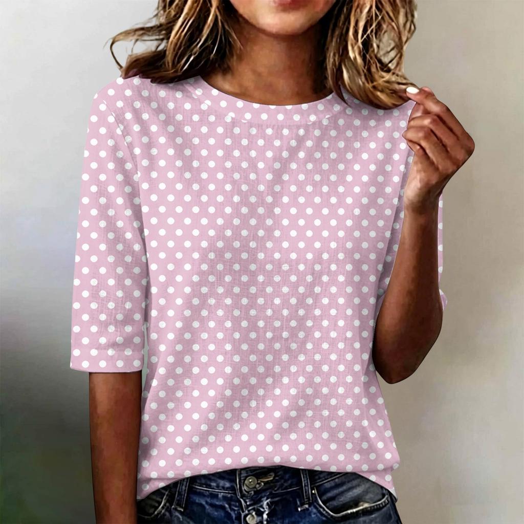 Women's Casual Loose Fit Short Sleeve Top Round Neck Lightweight Comfortable Soft Fabric Polka Dot Pattern Everyday Wear
