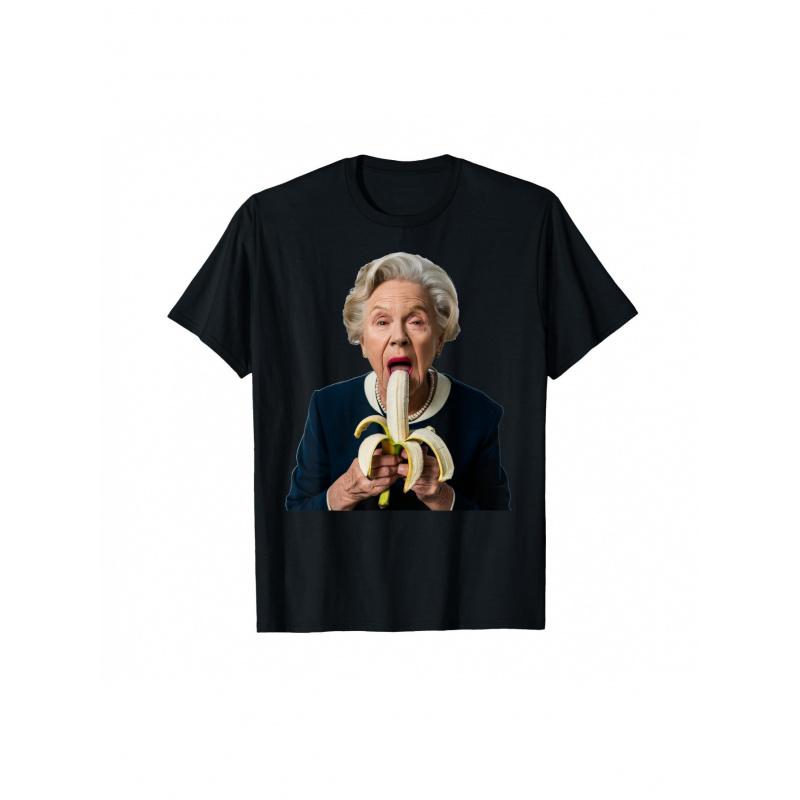 Men's Funny Grandma Eating Banana Graphic T-Shirt - Soft Cotton Casual Round Neck Short Sleeve Tee with 3D Pop-Out Banana & Woman Print, Lightweight