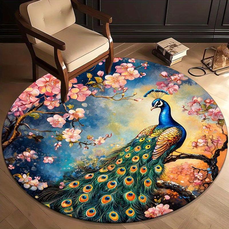 

Peacock Floral Round Rug Crystal Velvet Living Room Decor Artistic Animal Print Floor Mat Home Decoration ModernBoho StyleCarpet 120cm
