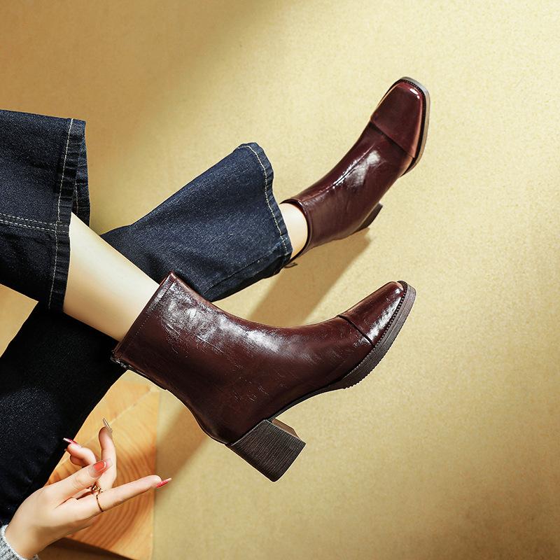Customized women's boots~ High-heeled short boots Maillard thick heel autumn and winter new women's medium boots square head thin boots