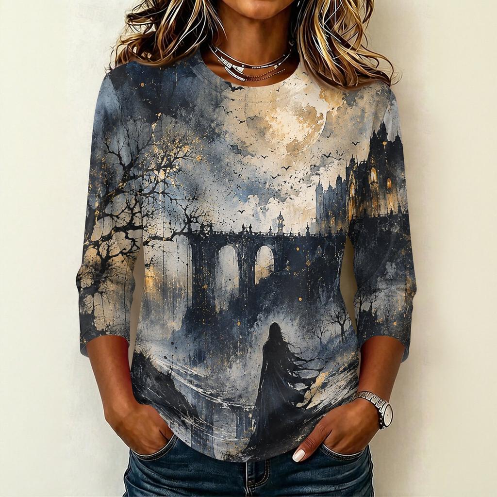 Women's Casual Crew Neck Three Quarter Sleeve Halloween Print T Shirt Top Lightweight Comfortable Fit Suitable for Daily Wear