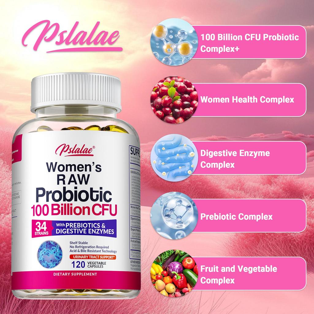 Pslalae Probiotic Enzyme Capsules, containing 34 strains, prebiotics, and digestive enzymes, support gut microbiota.